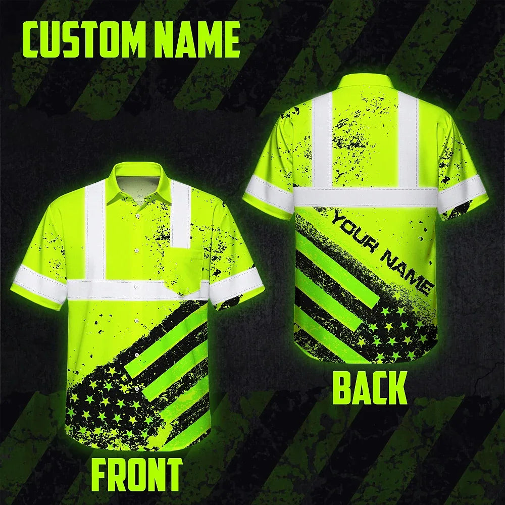 Safety Shirt Yellow Neon Reflective USA Flag Hi Vis Hawaiian Shirt Workwear ANCI Class 3