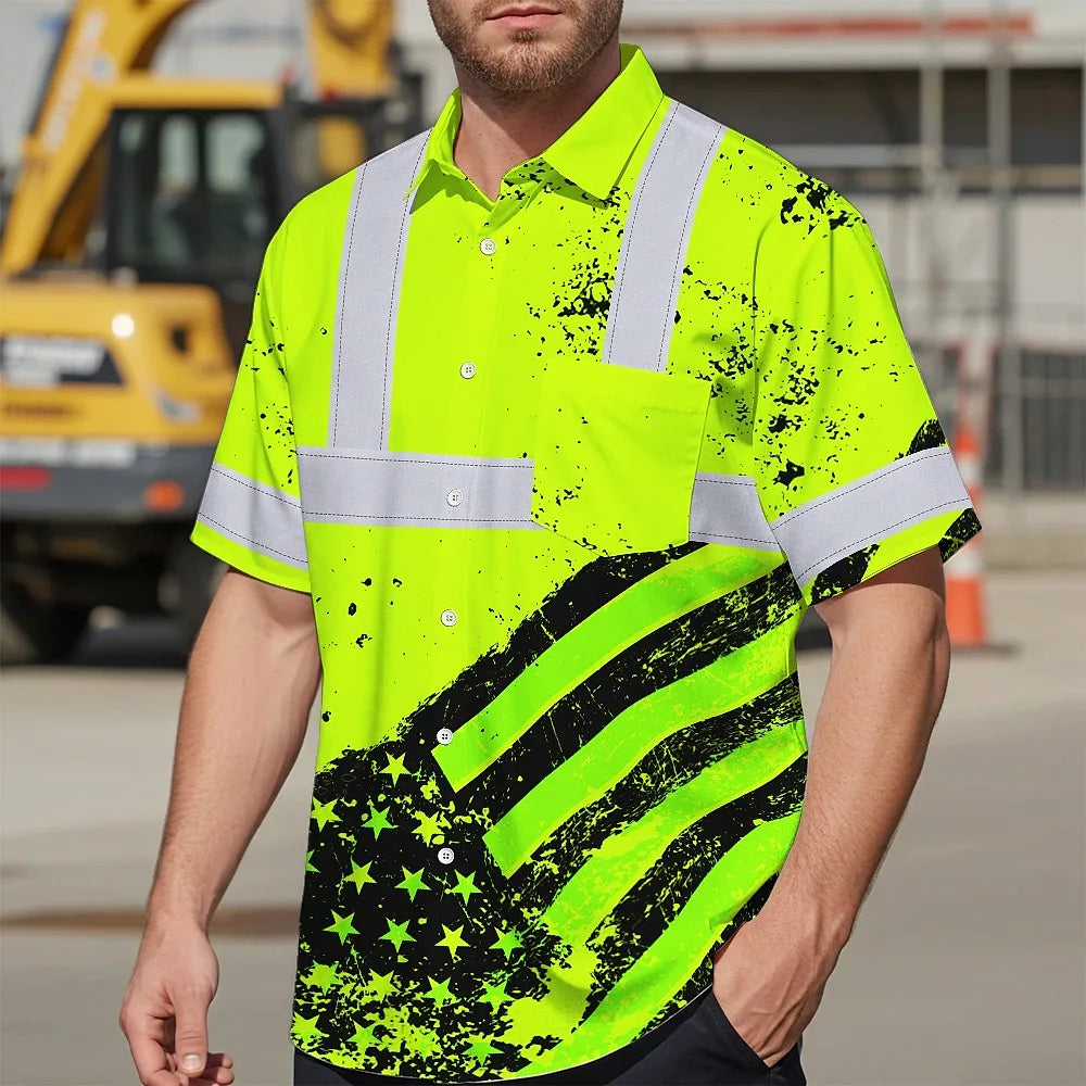 Safety Shirt Yellow Neon Reflective USA Flag Hi Vis Hawaiian Shirt Workwear ANCI Class 3