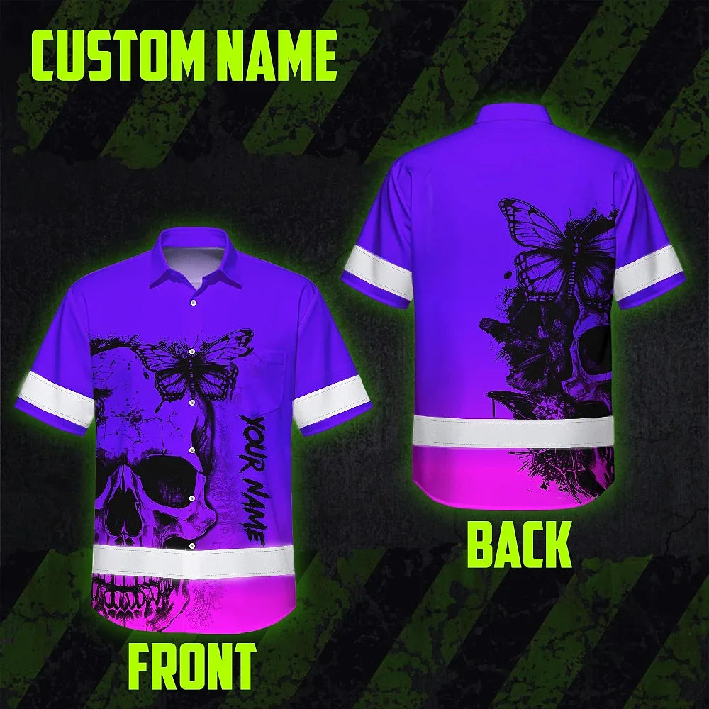 Violet Neon Skull With Butterfly Hi Vis Hawaiian Shirt - Personalized for Safety Workwear