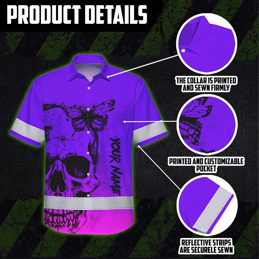 Violet Neon Skull With Butterfly Hi Vis Hawaiian Shirt - Personalized for Safety Workwear