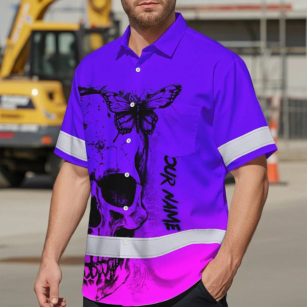 Violet Neon Skull With Butterfly Hi Vis Hawaiian Shirt - Personalized for Safety Workwear